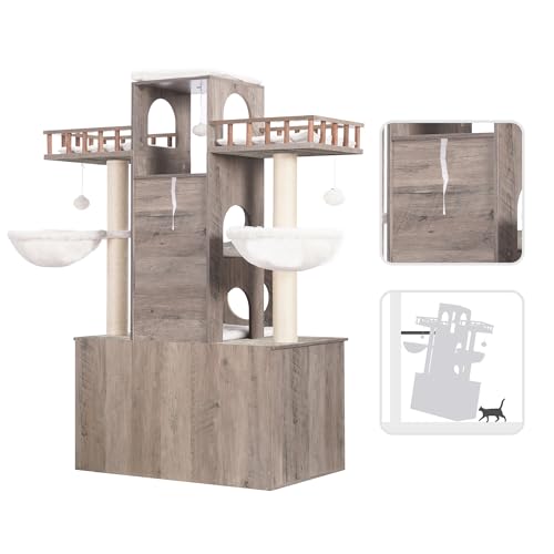 Cat Tree with Litter Box Enclosure for Indoor Big Cat HCT110SG (Rustic Gray / 60 inch)
