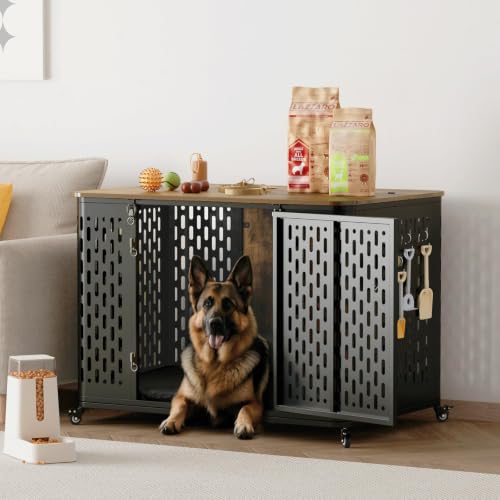 43.7" Heavy Duty Dog Crate Furniture for Large Dogs with Flip Top (Rustic Brown / 43.7"L x 29.9"W x 31.7"H)