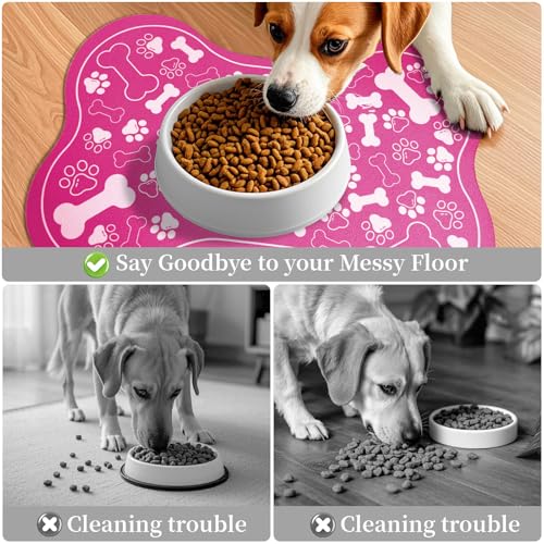 Dog & Cat Food Mat Bone Shaped Pet Feeding Mat Quick Absorb Water Bowl Placemat with Rubber Backing Indoor Floor Stain Resistant Pet Accessory Supplies (Pink / 16"L x 24"W)