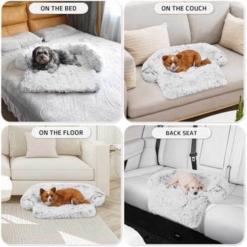 Calming Dog Bed Fluffy Plush Dog Mat for Furniture Protector with Removable Washable Cover for Large Medium Small Dogs and Cats (Light Grey / 31.0"L x 23.5"W x 5.0"Th)