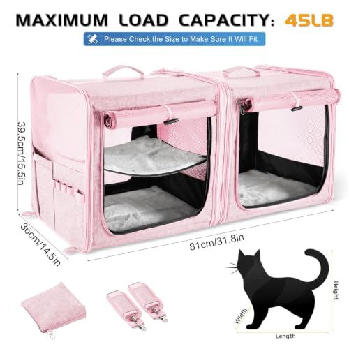Extra Large Cat Carrier for 2 Cats with Travel Litter Box (Pink)