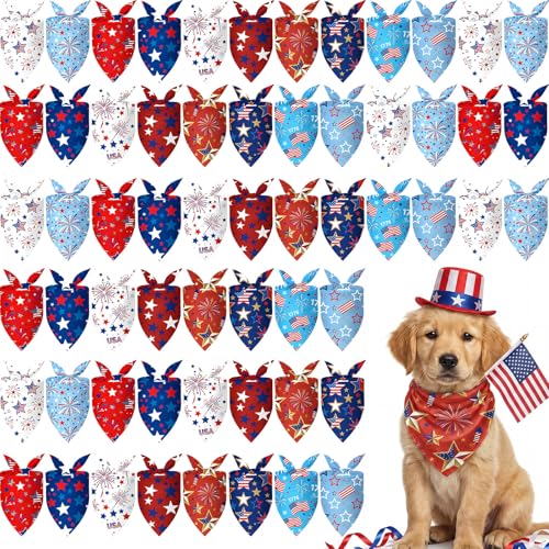 50 Pcs 4th of July Dog Bandanas Bulk for 1776 Patriotic 250th Anniversary Star Red White and Blue Independence Day Flag Scarf for Small Medium Large Outfit (Star / 19.7 x 13.8 x 13.8 Inch)