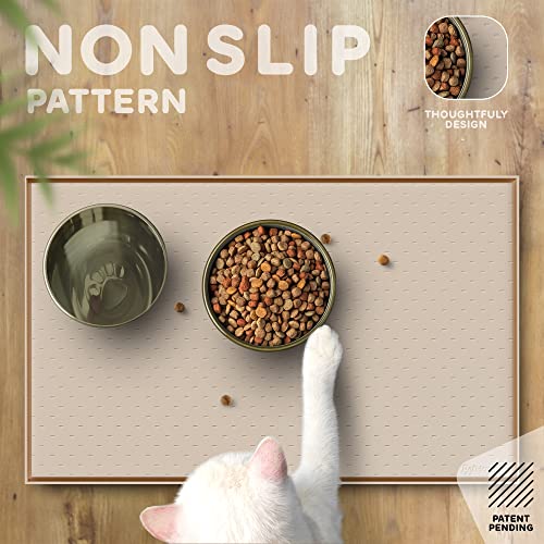 Dog Food Mat 28x18 Raised Edges Dogs Mat for Food and Water Prevent Spill (28"L x 18"W / Beige)