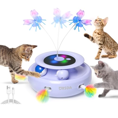 Cat Toy, 3-in-1 Automatic Interactive Electronic Moving Ambush Feather, Fluttering Butterfly, Track Balls, USB Rechargeable Powered Smart Indoor Exercise Kicker (Purple)