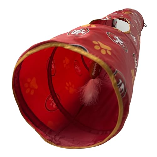 NFL San Francisco 49ers Cat Tunnel Tube Toy with Plush Football Catnip and Feathers Collapsible Tunnel for Cats to Play (San Francisco 49ers)