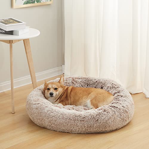 Calming Fluffy Donut Dog Bed for Medium Dogs (30.0"L x 30.0"W x 8.0"Th / Brown)