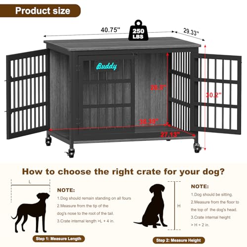 41"/32"/27" Dog Crate Furniture with Name Tag, Heavy Duty Dog Kennel Indoor for Medium Dogs, Double-Doors Sturdy Metal Dog Cage for Anxiety Dog, Decorate House as TV Stand, End Table (40.8"L x 29.3"W x 30.2"H / Dark Grey)