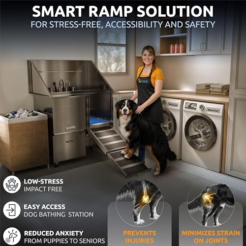 Professional Dog Washing Station 304 Stainless Steel Pet Wash Sink (Silver, Right Ramp, 1 Drawer / 40 Inches)