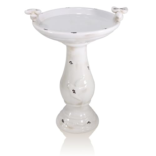 25" Tall Outdoor Antique Ceramic Birdbath with 2 Bird Figurines (brown)