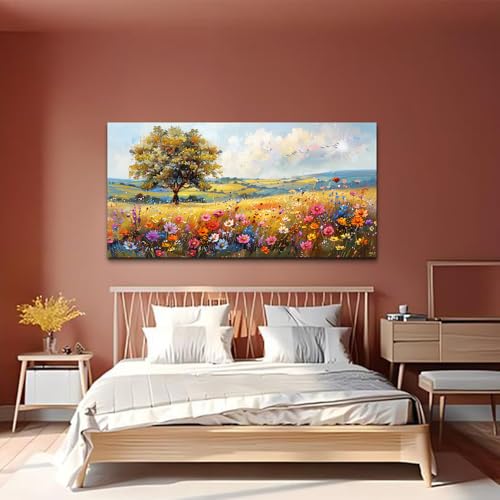 Canvas Wall Art For Living Room Wall Decor For Bedroom Office Decorations Field Pictures Artwork Flower Scenery Watercolour Wall Paintings Aesthetic Room Home Decor Ready to Hang (40"L x 20"W / Field Landscape)