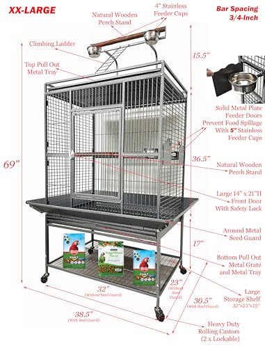 Extra Large Elegant and Durable Wrought Iron Climbing Ladder Perch Stand Play Top Ground Bird Parrot Metal Cage Around Seed Guard Storage Shelf with Heavy Duty Lockable Rolling Wheels (32" x 23" x 69"H / Black Vein)