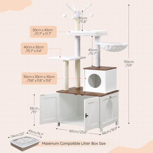 Cat Tree with Litter Box Enclosure for Indoor (White + Walnut)