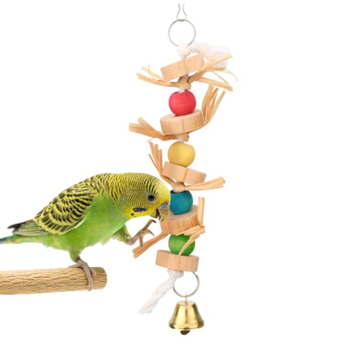Parrot Pet Bird Chew Bird Toys Parakeet Toys Wooden Straw with Bell Cage Swing Toys Bird Cage Hanging Accessory (Wooden Straw)