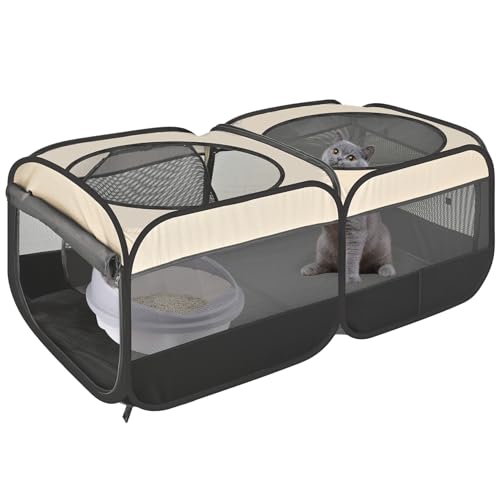 2-in-1 Dog Playpen 46.5''Pop Up Cat Pet Playpen, Assembly-Free Indoor Outdoor Kitten Enclosure, Kitten Pen Cat Cage Portable Puppy Tent Crates Kennel for Small Animals(No Divider, Unified Space) (Beige / S, 46.5"L x 24.1"W x 17"H)