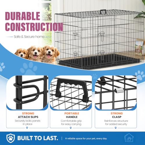 Dog Crate for Large Dogs 42 Inch Folding Metal Wire Pet Cage Double Door W (Black / 42.0"L x 26.0"W x 28.0"H)