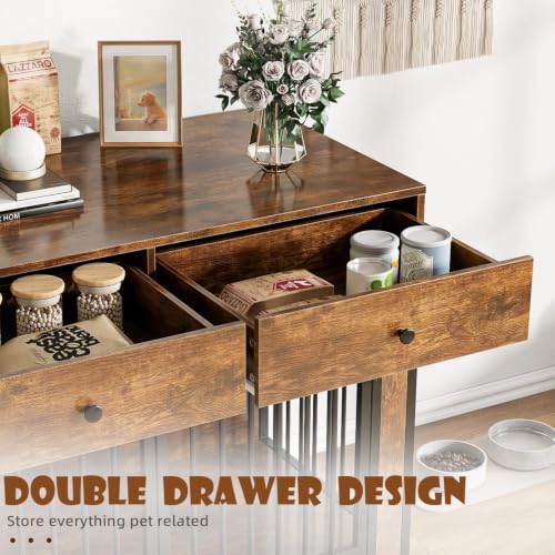 44 Inch Large Wooden Dog Crate Furniture with 2 Storage Drawers (New Brown / 44.5"L x 23.6"W x 34.5"H)