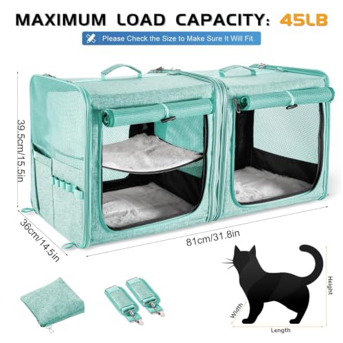 Extra Large Cat Carrier for 2 Cats with Travel Litter Box (Green)