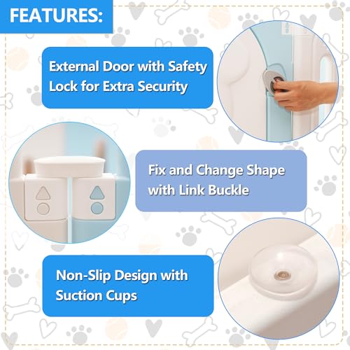 Foldable Puppy Play Pen Indoors with Cute Dog Pattern Door (blue&white / 12 Fence Panels+1 Door)