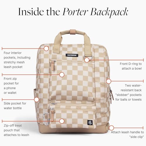 Porter 2-in-1 Dog Gear Travel Backpack - 10 Pockets, Checkerboard (Tan Checkerboard)