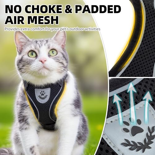 Cat Harness and Leash Set Escape Proof Reflective Cat Walking Harness Adjustable Soft Breathable Mesh Vest for Small Pets (S (NECK 9.5"-11", CHEST 13"-16") / Black)