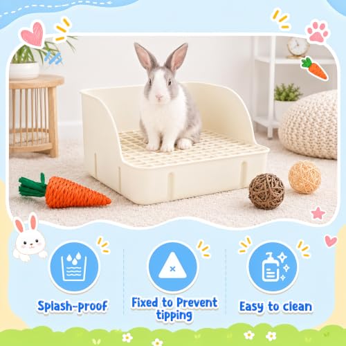 15 Pcs Rabbit Starter Kit Small Rabbit Litter Box Girls Gift Animal Grooming Kit Bunny Toys Bowl Blankets with Cleaning Set for Guinea Pig Accessories (Cream White)