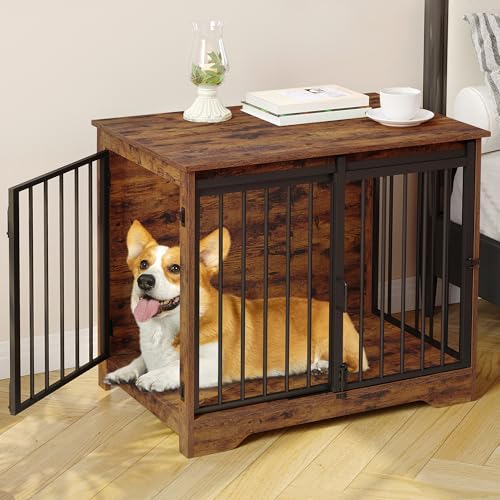 31.9" M Dog Crate Furniture Indoor Dog Kennel with Barn Door (Rustic Brown / 31.9"L x 21.7"W x 26.6"H)