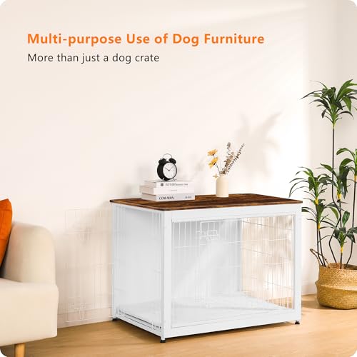 38.5" XL Dog Crate Furniture with Cushion (White+Rustic Brown / 38.5"L x 25.6"W x 26.8"H)