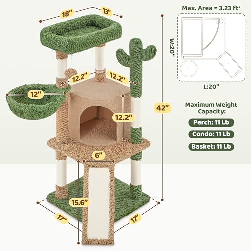 42in Brown Cactus Cat Tree Tower with Scratching Posts and Condo (Brown/Green)
