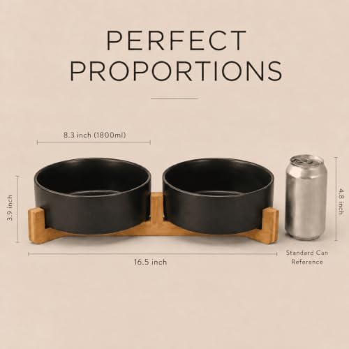 Ceramic Dog and Cat Bowl Set with Wooden Stand (7.6 cups / Black × 2)
