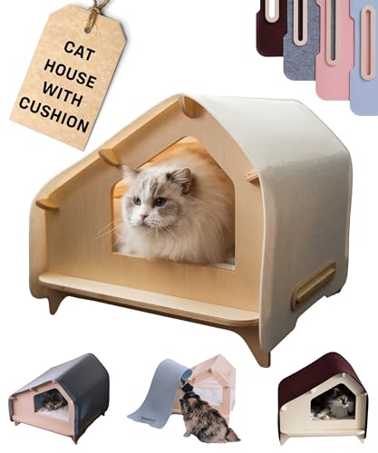 Cat House Covered Indoor Pet Bed with Cushion & Scratcher (Cream / XL)
