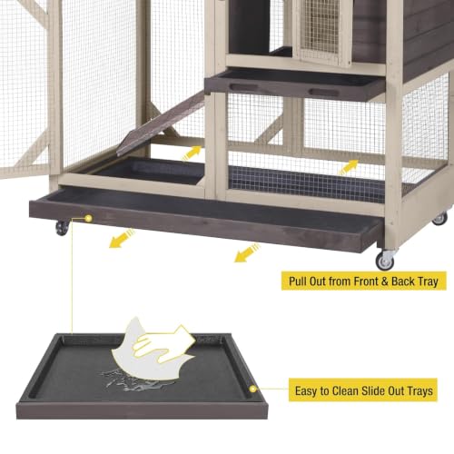 Rabbit Cage Indoor Outdoor Bunny Hutch on Wheels (Dark Brown)