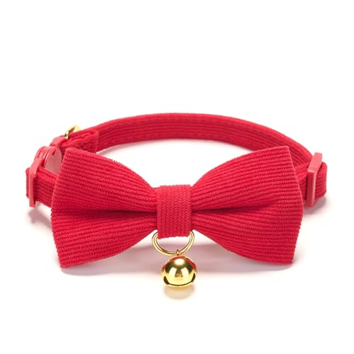 2 Pack Soft Corduroy Cat Collars with Bow Tie & Bell Adjustable Breakaway Kitten Bowtie Collar for Girl Boy Cats (S:Neck 7.0" - 11.0" / Corduroy-Red Green)