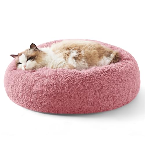 Calming Cat Beds Donut Round Washable Kitten Bed (20"L x 20"W x 6"Th / Mauve Blush)