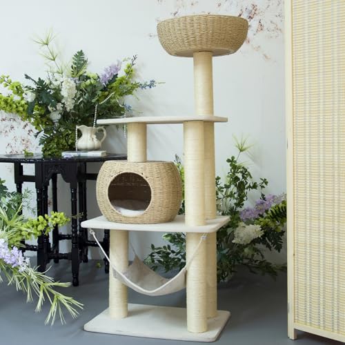 Wood Cat Tree for Indoor Cats (22.8"L x 15.7"W x 52.4"H)
