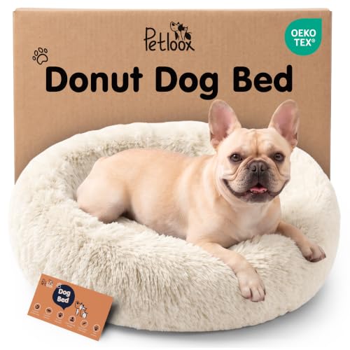 Calming Donut Dog Bed for Small Dogs (Cream White / Medium (30"L x 30"W x 9"Th))