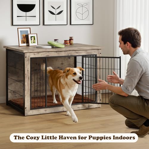 Wooden Dog Crate Furniture with Thick Cushion (L (38.7" x 25.7" x 26.9") / Greige)