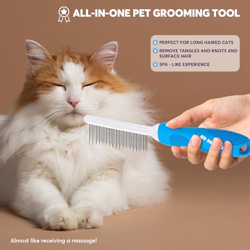 Detangling Pet Grooming Comb for Dogs & Cats with Long & Short Stainless Steel Metal Teeth for Removing Tangles and Knots