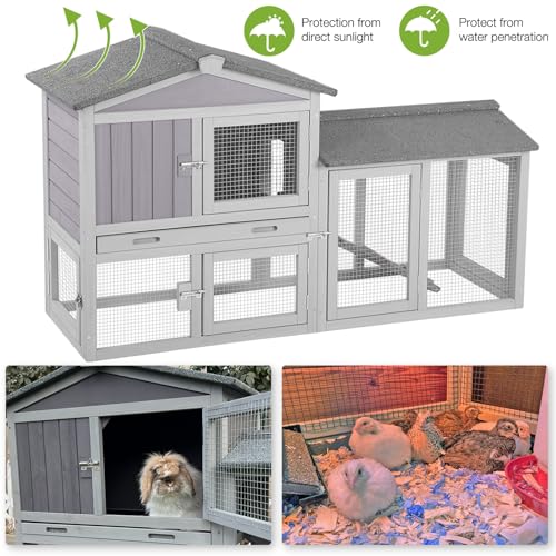 Chicken Coop Hen House with Run Outdoor Rabbit Cage Indoor Bunny Hutch with Waterproof Roof Poultry Cage (Gray / 57.02"L x 21.3"W x 33.4"H)