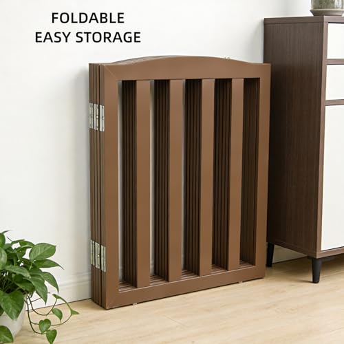 Foldable Freestanding Indoor Dog Gate for House Wood Long Pet Gates Dog Fence for Stairs Puppy Gates for Hallways (Brown / 【4 Panels】80''w X 32''h)