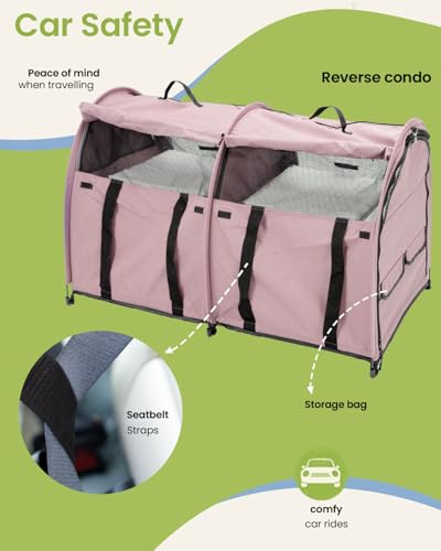 Portable Twin Compartment Show House Cat Cage Condo (Pink)