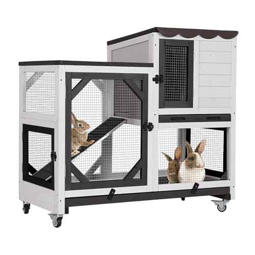 Rabbit Hutch Mobile Bunny Cage with Wheels (Black ＆ White / 39.4"L x 22.0"W x 39.6"H)