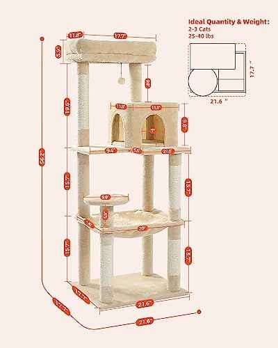 56.3" Cat Tree for Indoor Cats Large Adult with Hammock (Beige / 56 Inches)