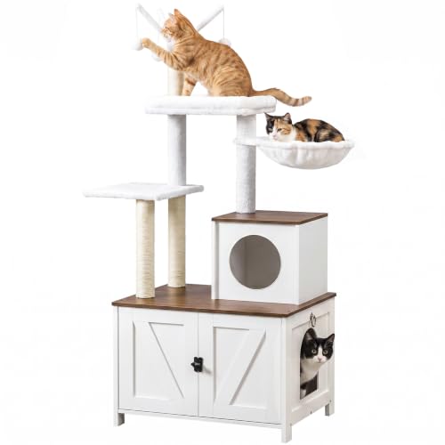 Cat Tree with Litter Box Enclosure for Indoor (White + Walnut)
