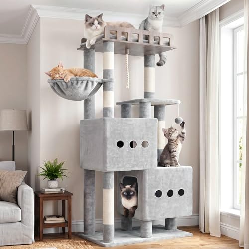 Cat Tree Sturdy Cat Tower with 2 Spacious Cat Condos GCT029W (60 inches / Light Gray)