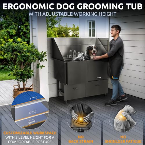 Professional Dog Washing Station 304 Stainless Steel Pet Wash Sink (Black, Left Ramp, 2 Drawer / 50 Inches)