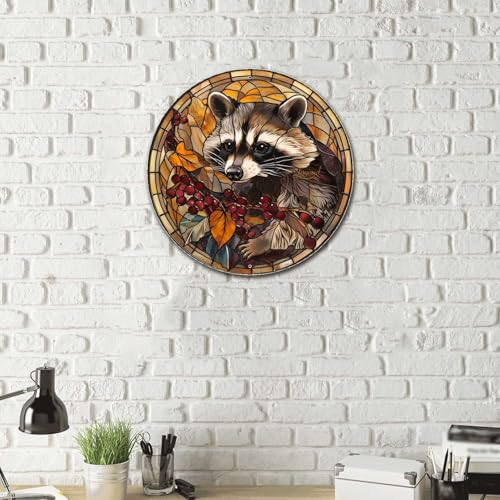 Metal Sign Tin Sign Circular Stained Glass Raccoon Minimalist Wall Art for Garage 8×8 Inches (8×8 Inches / Raccoon-1)