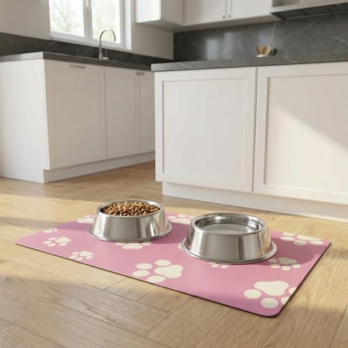 Pet Feeding Mat Dog Cat Food Mat Absorbent No Stains Quick Dry Rubber Bottom Anti (Pink-JY / 12"×20")