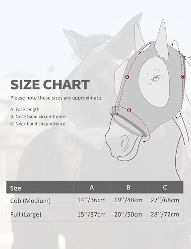 Horse Fly Mask with Forelock Opening Stretch Breathable and Comfortable for Horses UV (Grey / M)