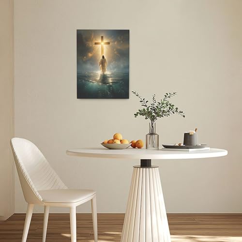 Jesus Wall Art Christian Jesus Walking on Water Pictures Wall Decor Christ Cross Pictures Canvas Religious Painting Print Framed Artwork Decorations Gifts for Living Room Bedroom Prayer Room Church 12"x16" (Jesus Cross / 16"L x 12"W)