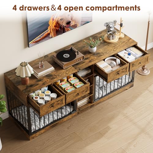 82" Double Dog Crate Furniture with Drawers and Shelves (Brown / 81.9"L x 23.6"W x 33.5"H)